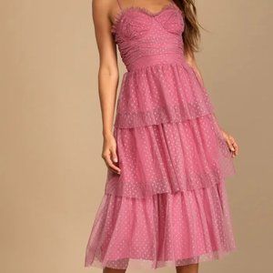 Lulus Medium Sweetheart Style Mauve Polka Dot Bustier Tiered Midi Dress